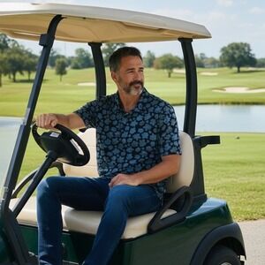 TravisMathew Mens XXL Floral Polo Shirt Black Blue Short Sleeve Golf Top